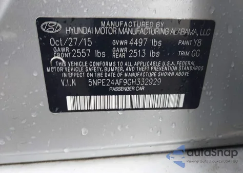 2016 Hyundai Sonata Se из США, поврежденный, VIN 5NPE24AF9GH332929